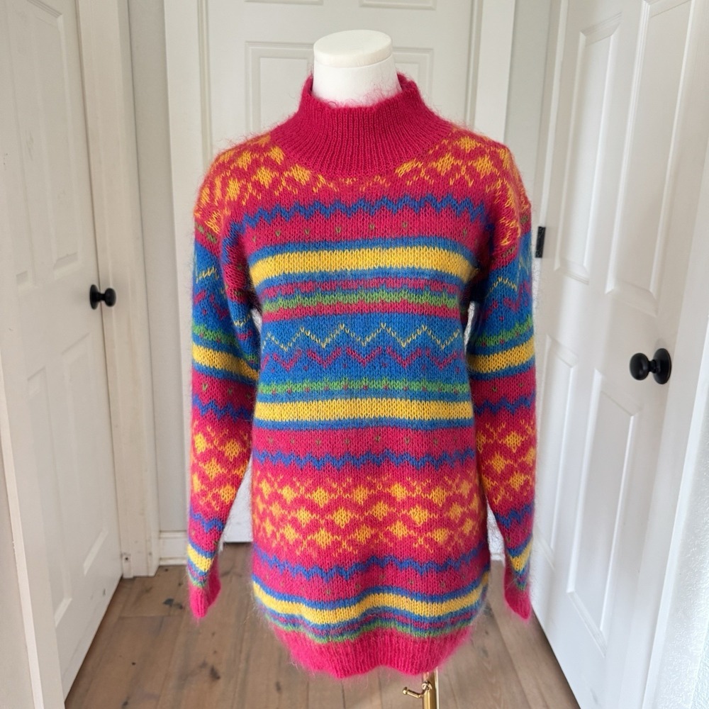 Vtg 80s Pink Mohair Sweater Mock Neck Sz‎ S Bright Colorful Neon Xmas Holiday